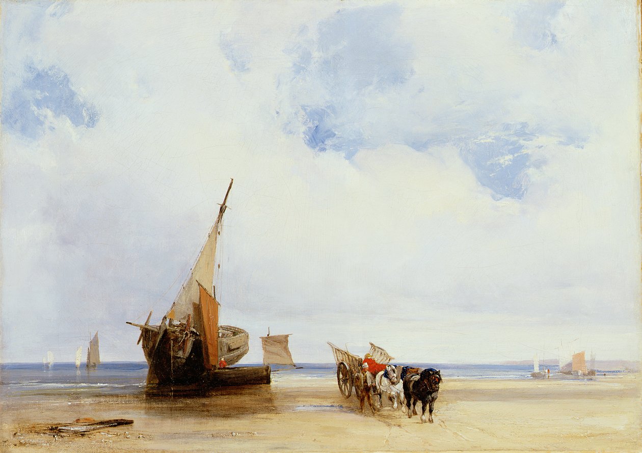 Strandade fartyg och en vagn nära Trouville, ca 1825 (olja på duk) av Richard Parkes Bonington