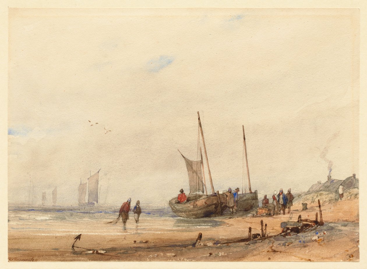 Kust med uppdragna båtar och figurer av Richard Parkes Bonington