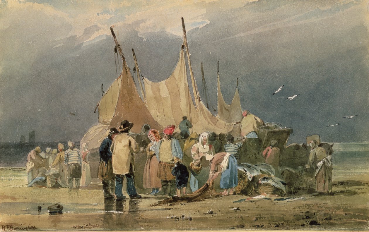 Fiskare på en strand, en storm närmar sig (akvarell) av Richard Parkes Bonington