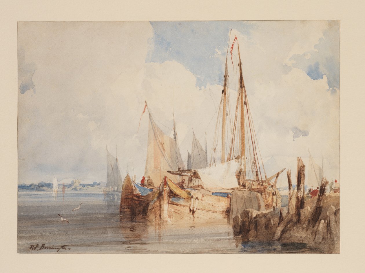 Fiskebåtar förtöjda i en mynning, ca 1825 (akvarell på papper) av Richard Parkes Bonington