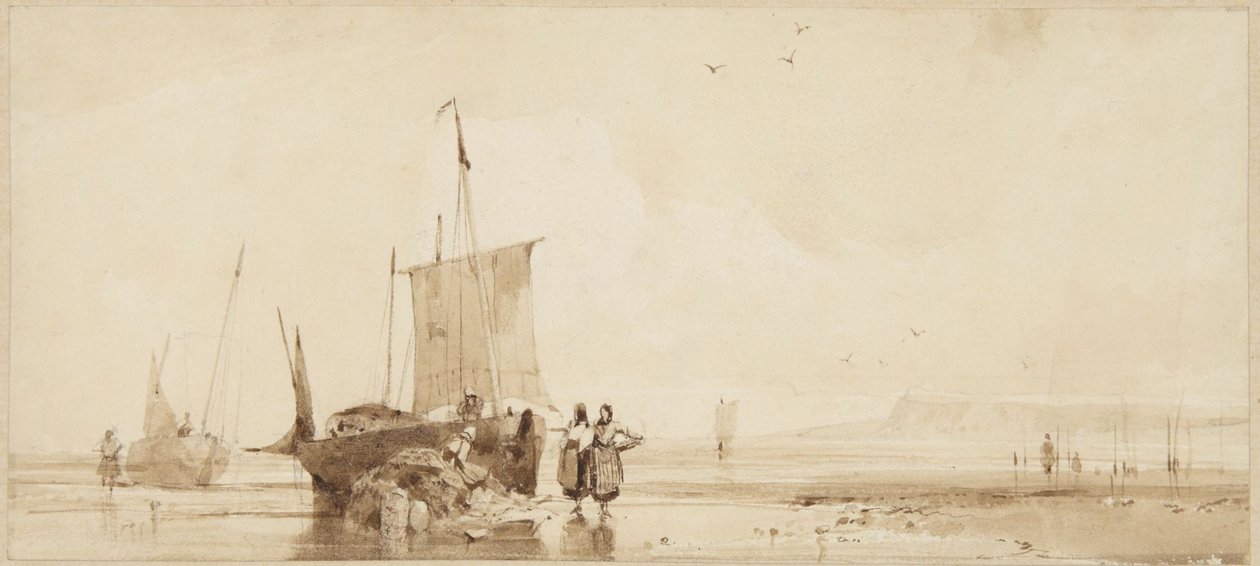 Fiskebåtar på sanden vid Normandies kust av Richard Parkes Bonington