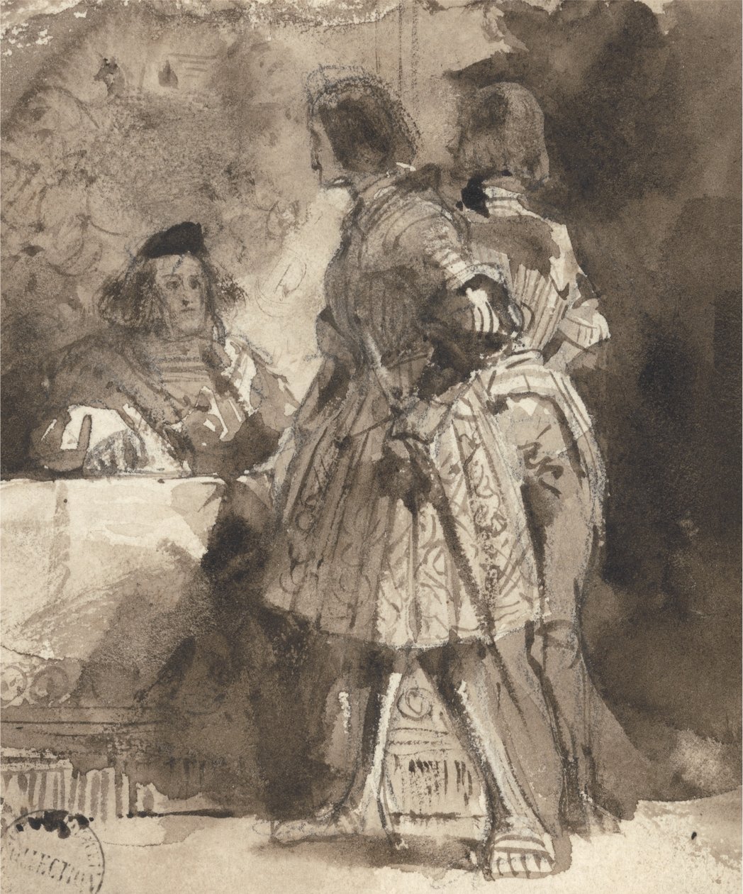 Goetz von Berlichingen inför den kejserliga magistraten, ca 1826 (brun tvätt och bläck över grafit på papper) av Richard Parkes Bonington