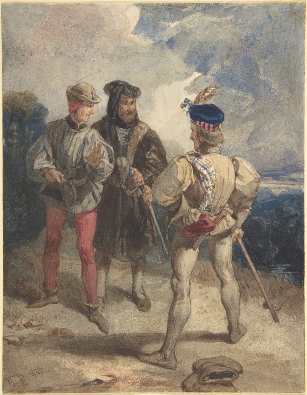 Quentin Durward och den förklädde Ludvig XI (recto); Studie av mansfigur (verso) av Richard Parkes Bonington