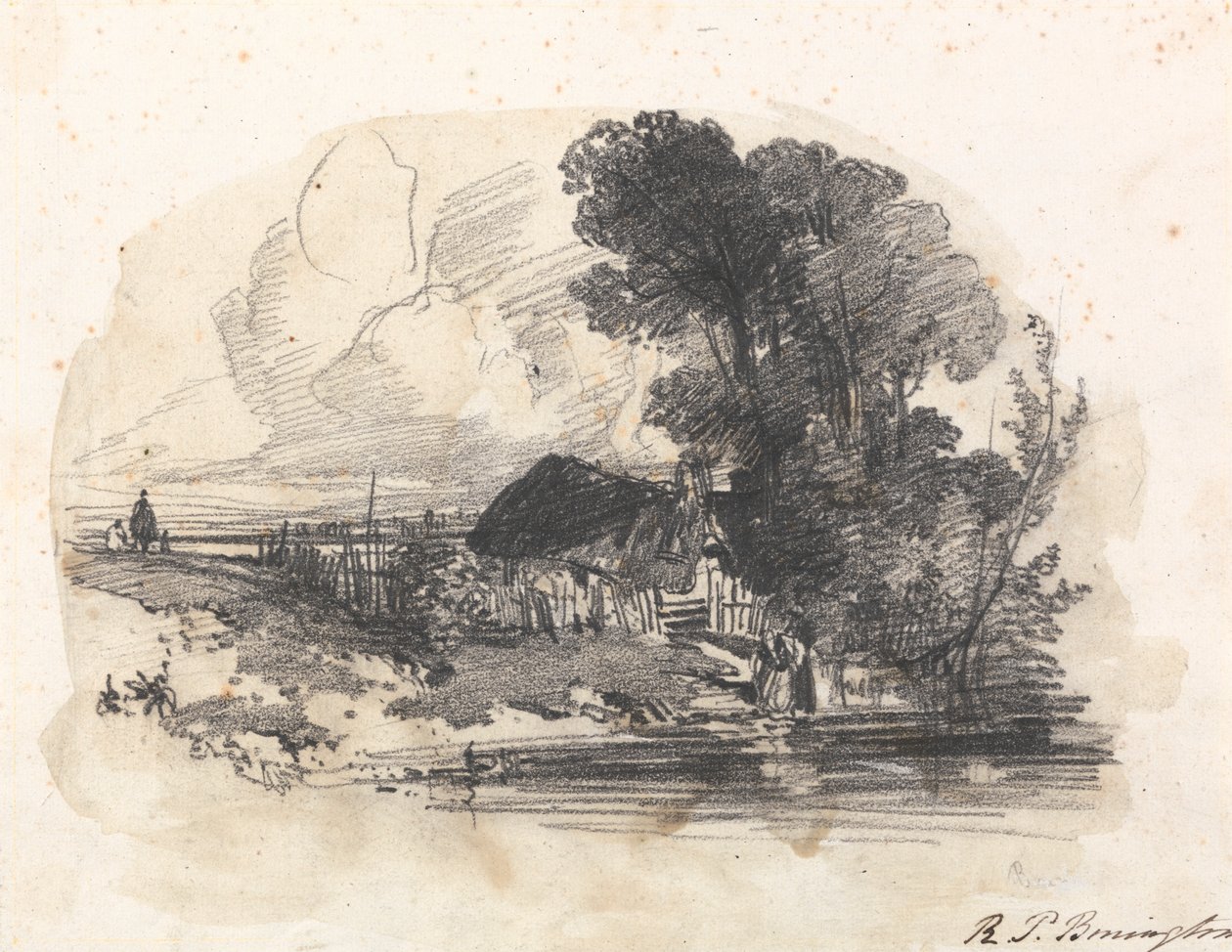 Träd och en stuga vid en flod av Richard Parkes Bonington