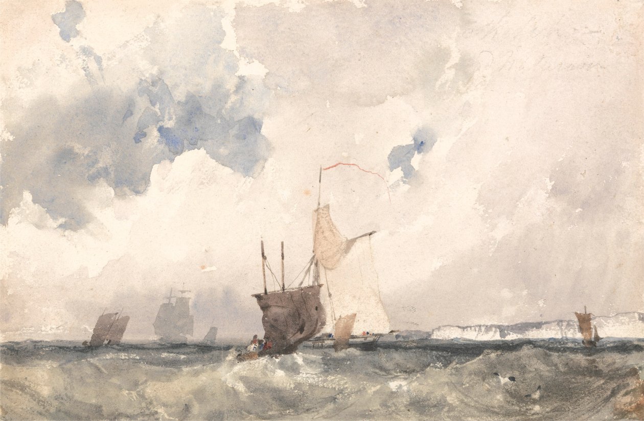 Fartyg i ett hackigt hav (akvarell med utskrapa på papper) av Richard Parkes Bonington