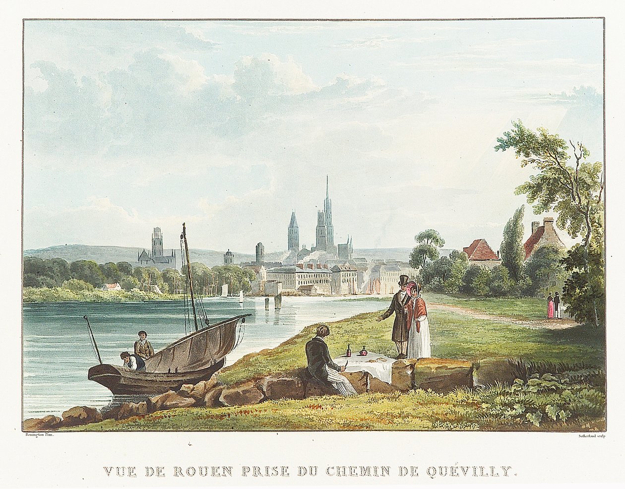 Utsikt över Rouen från vägen Quevilly (Frankrike). Litografi (34,7x51,7 cm) av Richard Parkes Bonigton (1802-1828), början av 1800-talet. av Richard Parkes Bonington