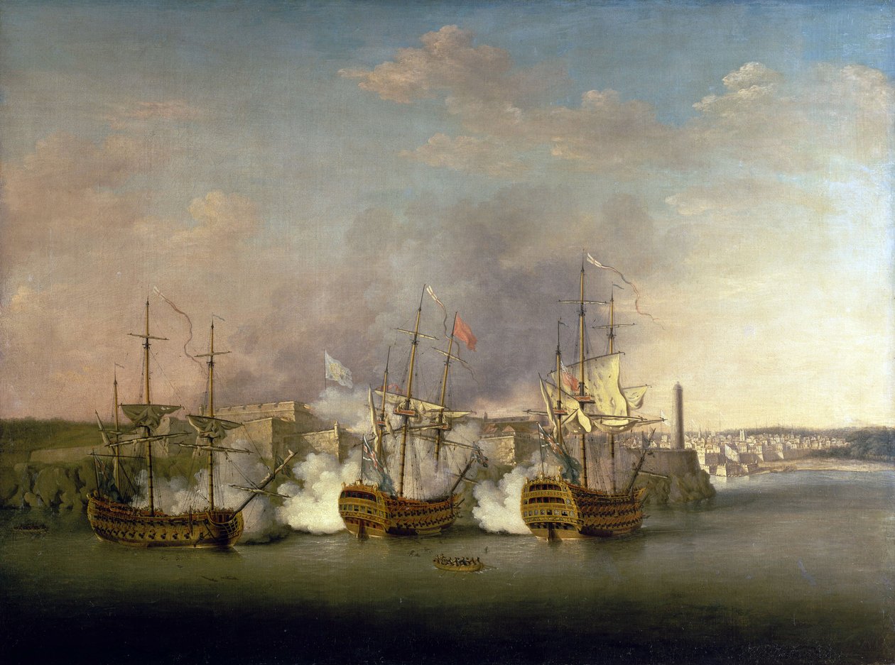 Det sjuåriga kriget (1756-1763): Bombningen av Morro Castle (Kuba) den 1 juli av Richard Paton