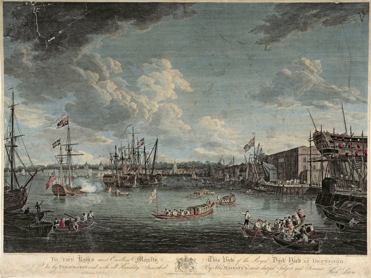 Utsikt över Royal Dock Yard i Deptford, graverad av William Woollett, publicerad 1 juli 1793 (färgad etsning) av Richard Paton