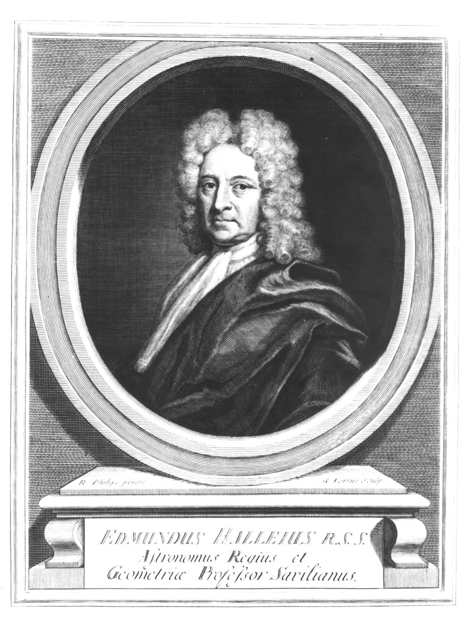 Porträtt av Edmond Halley (1656-1742), graverat av George Vertue (1684-1756) (svart foto) av Richard Philips