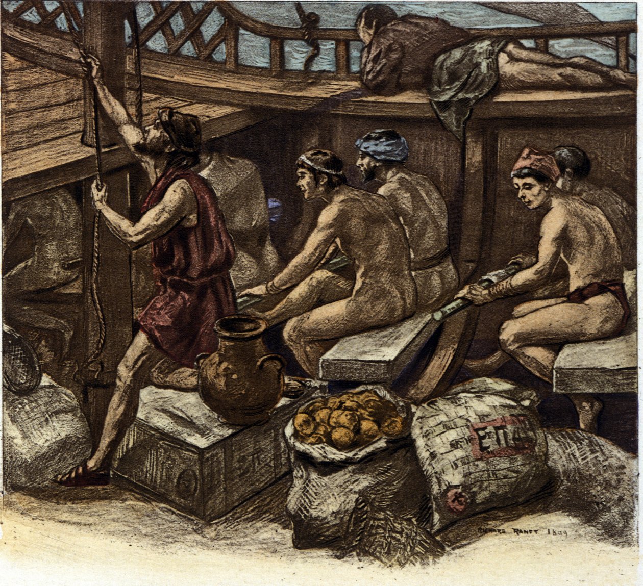 Galerians liv ombord på en grekisk galär i antiken. Illustration av Richard Ranft (1862-1931) 1909 av Richard Ranft