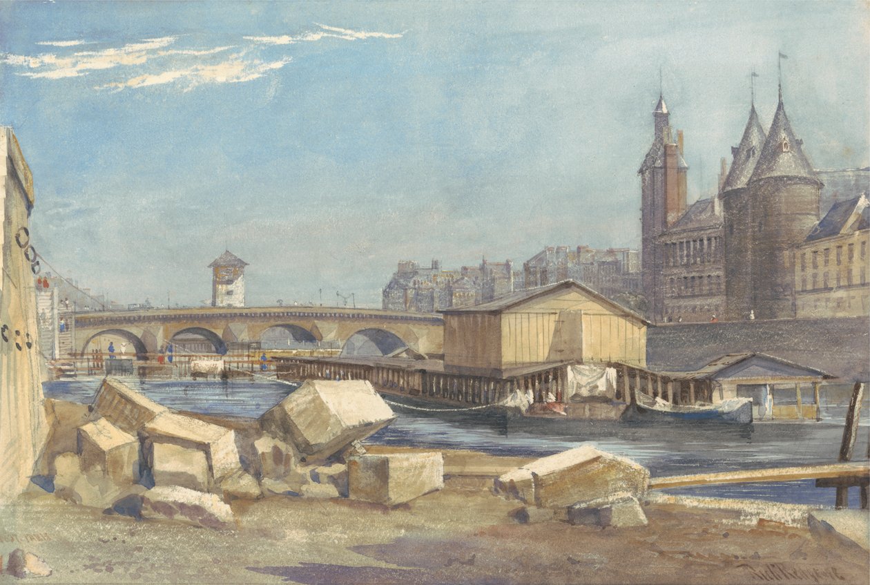 Ile de la Cité, Pont au Change och Conciergerie, Paris, 1837 av Richard Redgrave