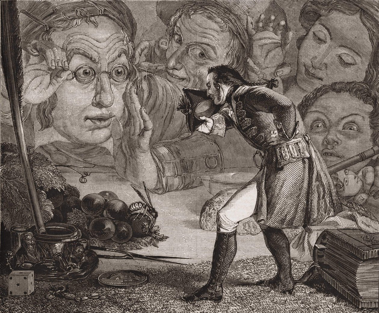 Jonathan Swifts Gulliver-resor. Gulliver ställde ut på ett bord till beundran för invånarna i Brobdingnag. Redgrave gravyr. av Richard Redgrave
