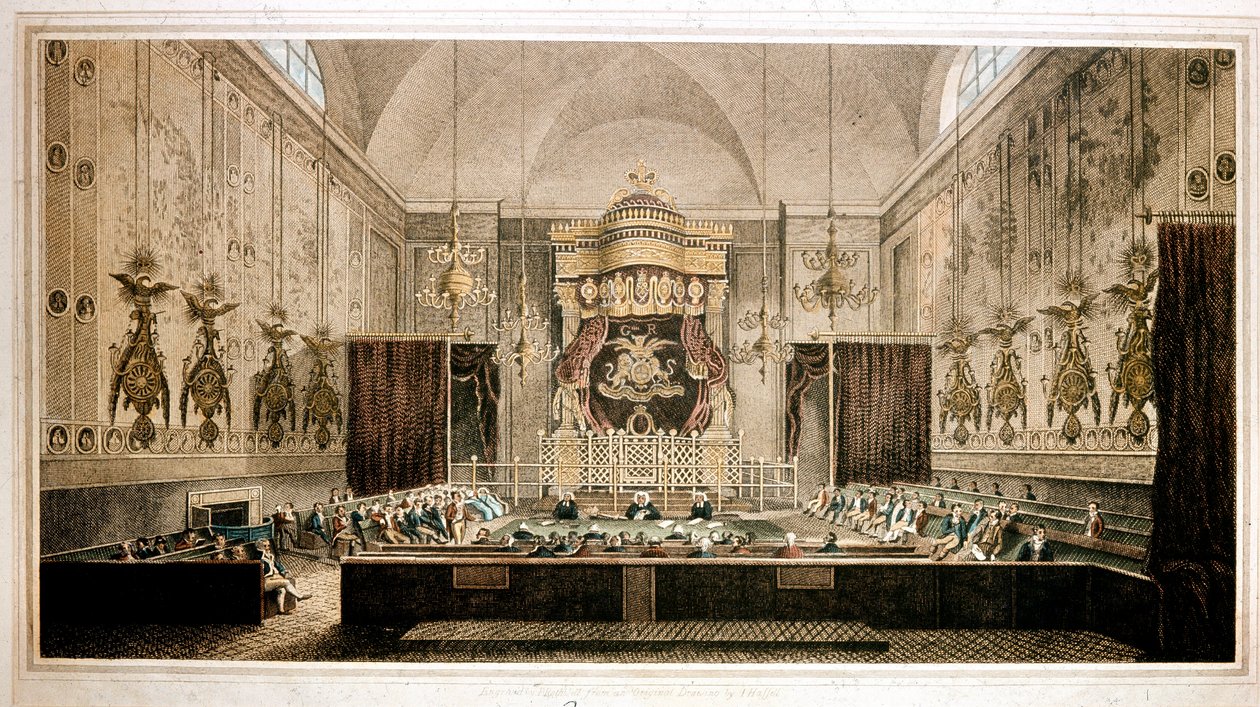 Vy över House of Lords, överhuset i Storbritanniens parlament. Gravyr av Rothwell. 1800-talets Parker Gallery, London av Richard Rothwell