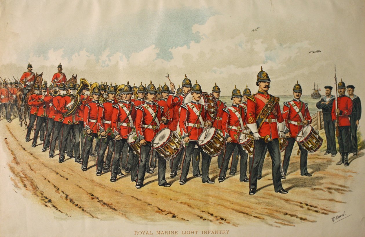 Royal Marine Light Infantry Band som leder en kolumn av marscherande män, 1895 av Richard Simkin