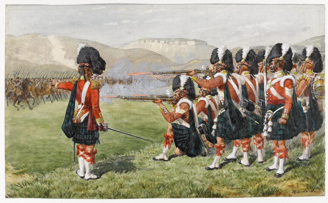 Den 93:e Sutherland Highlanders vid slaget vid Balaclava 25 oktober 1854: The Thin Red Line, 1854 (wc på papper) av Richard Simkin