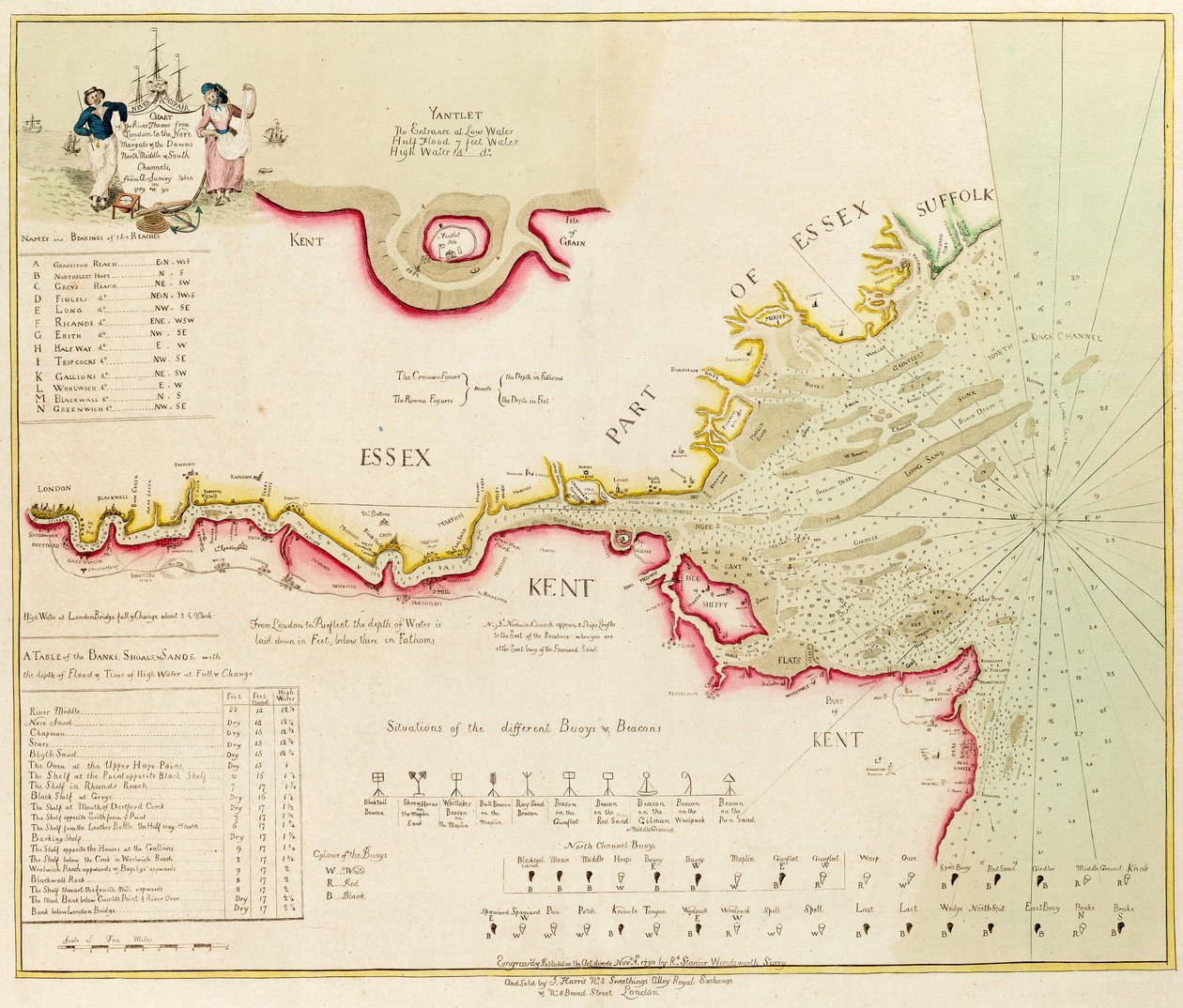 Karta över floden Themsen från London till Nore, Margate och Downs, norra, mellersta och södra kanalen, från en undersökning som gjordes 1789 och 90 av Richard Stanier