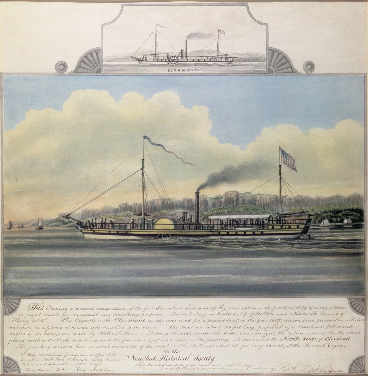 Hudson River Steamboat "Clermont", 1858 (wc på papper monterat på duk) av Richard Varick De Witt