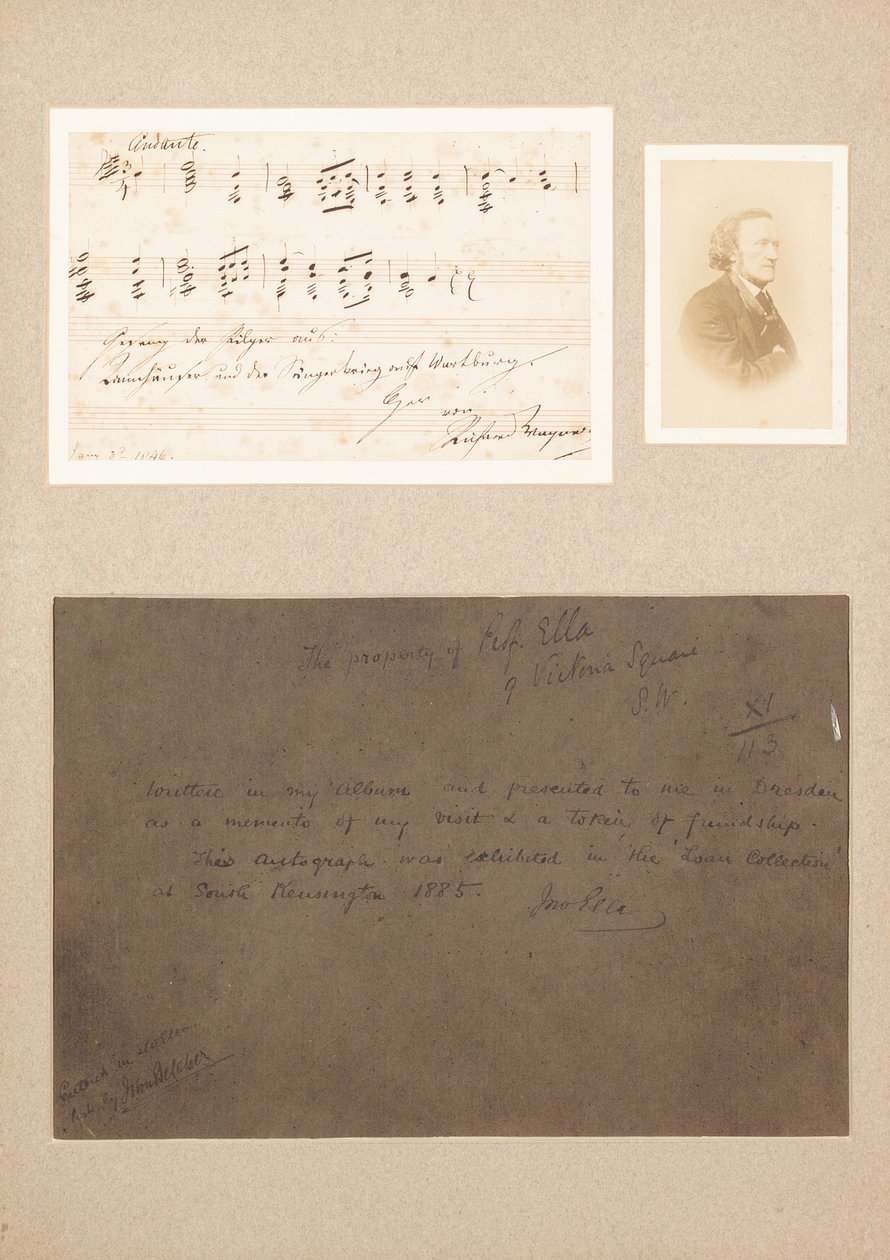Autograf musikaliskt citat monterat med carte-de-visite fotografi av Wagner och en härkomstanteckning av Richard Wagner