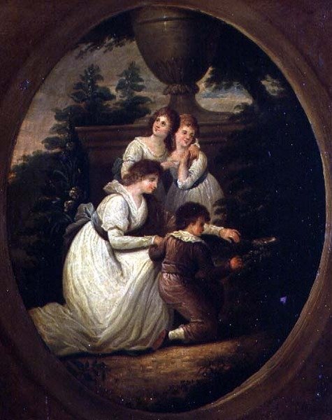 Familjegrupp i en trädgård, ca 1790 (olja på koppar) av Richard Westall