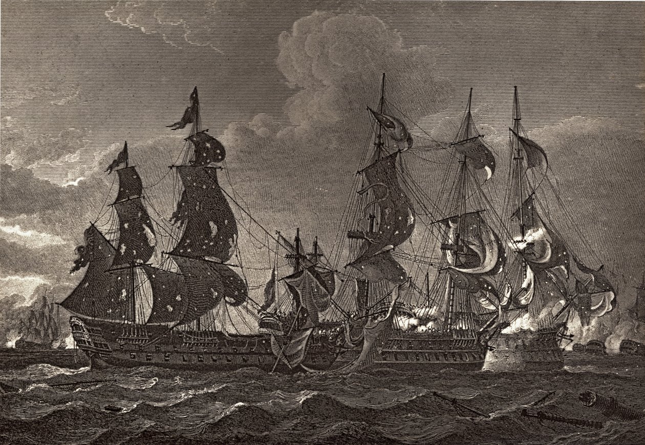 HMS Captain boarding the San Nicholas and the San Josef, illustration fra 