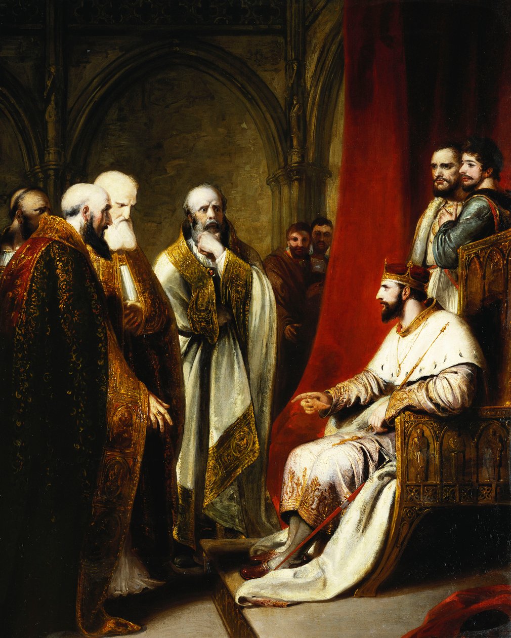 Henry III som svar till ärkebiskopen av Canterbury och biskoparna av Salisbury, Winchester och Carlisle, som krävde en reformation i staten, av Richard Westall