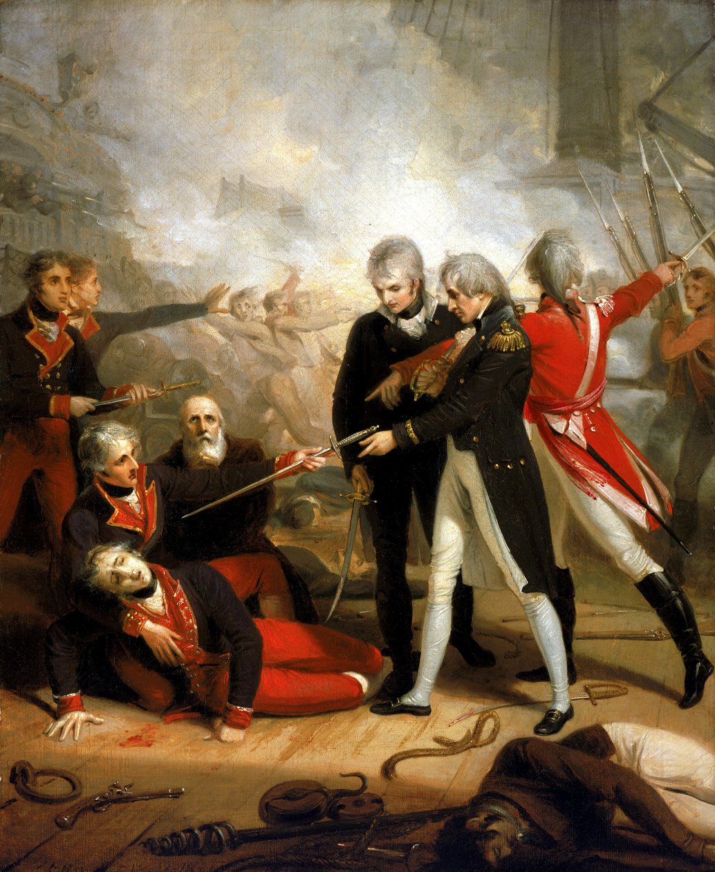 Horatio Nelson (1758-1805) tar emot svärdet för kapitulationen av "San Nicolas" den 14 februari av Richard Westall
