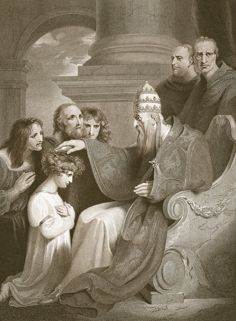 Prins Alfred före påven Leo den III, graverad av J. Stow, illustration från David Humes "The History of England", pub. av R. Bowyer, London, 1812 av Richard Westall