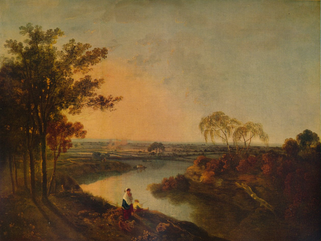 En engelsk flod vid solnedgången, i fjärran de walesiska kullarna, c1760, 1938 av Richard Wilson