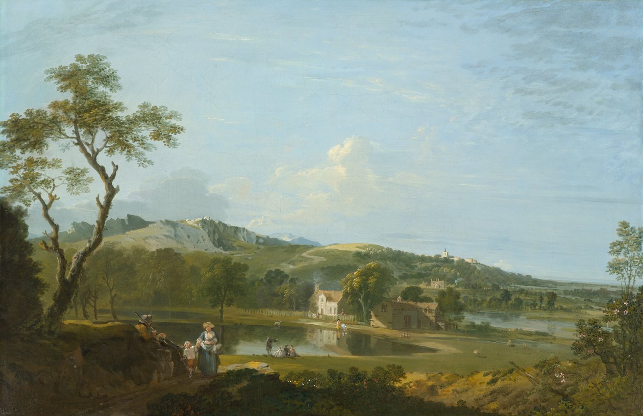 Ett vidsträckt landskap med stugor nära en sjö, cirka 1744-1745 (olja på duk) av Richard Wilson