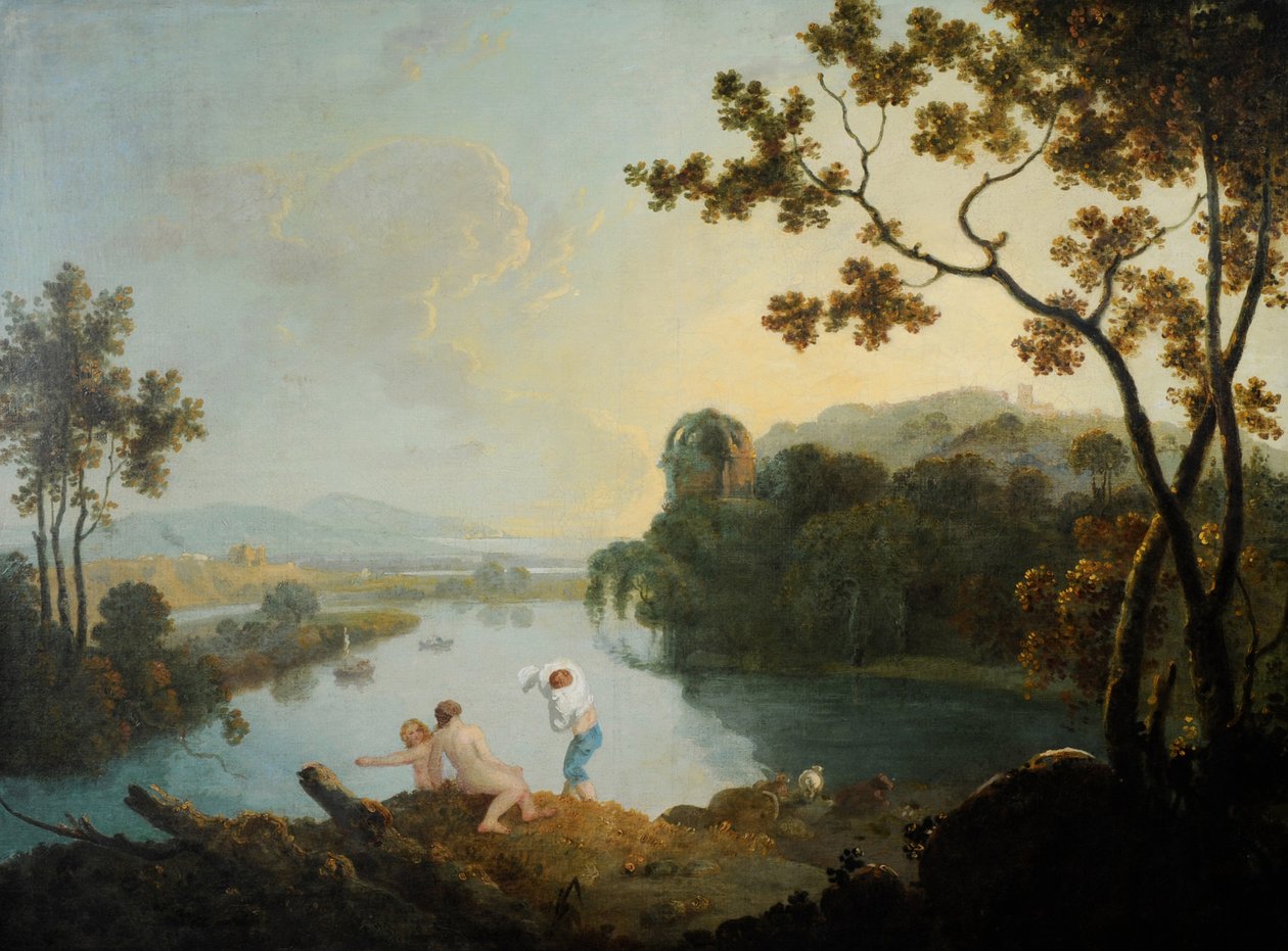 Klassiskt landskap med pojkar som badar (olja på duk) av Richard Wilson
