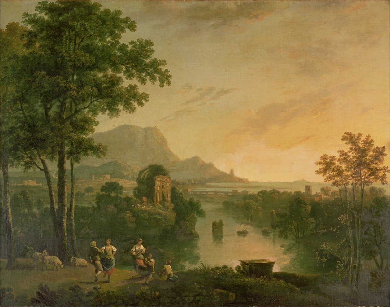 Kustlandskap på kvällen med herdar och herdinnor som dansar av Richard Wilson