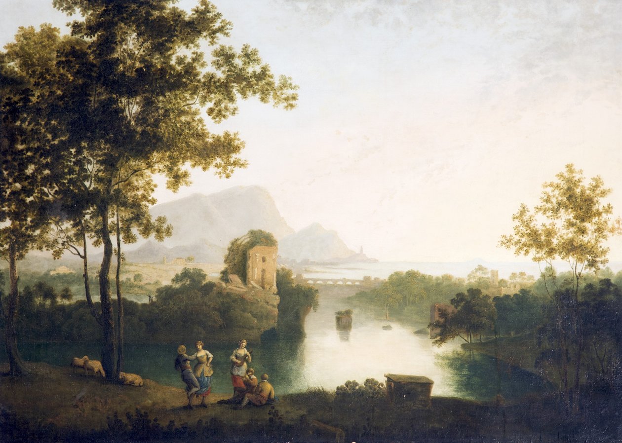 Kväll vid River Mouth med bönder som dansar (olja på duk) av Richard Wilson