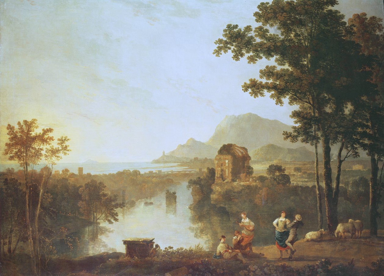 Vidsträckt kustlandskap på kvällen (olja på duk) av Richard Wilson