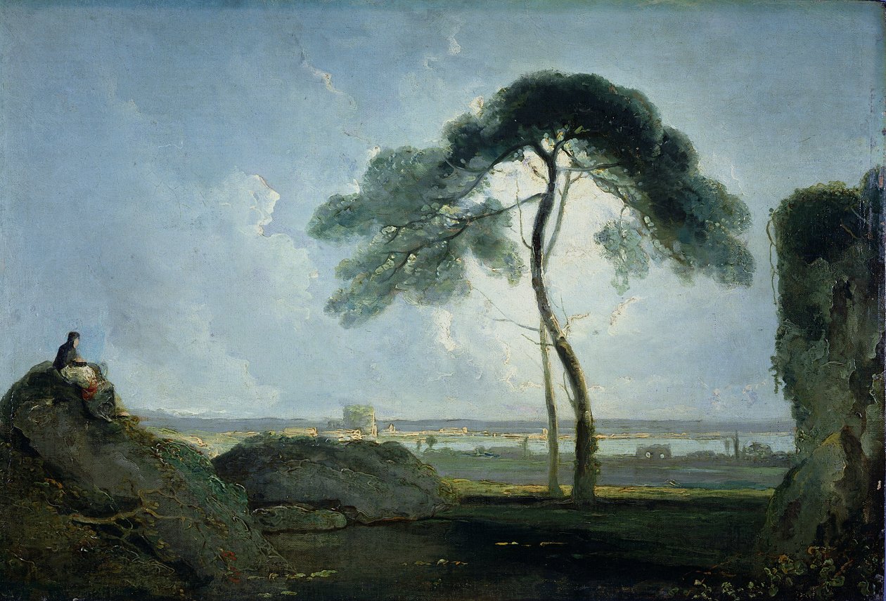 Italienskt landskap med stenfuru (olja på duk på ekpanel) av Richard Wilson