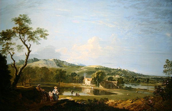 Landskap med stugor (olja på duk) av Richard Wilson