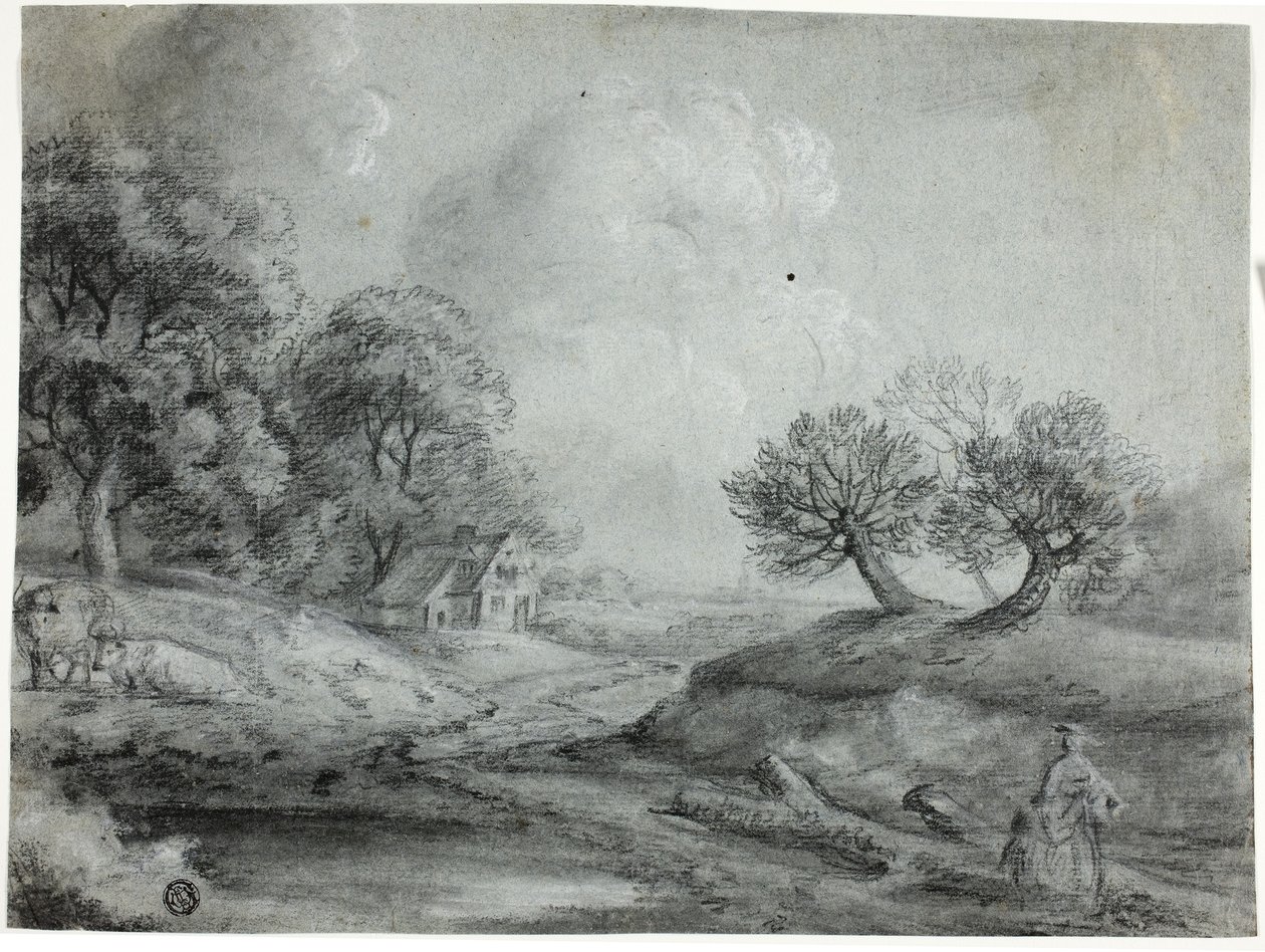 Landskap med kvinna och kor (svart krita med stumpning, förhöjd med vit krita, på blått papper) av Richard Wilson