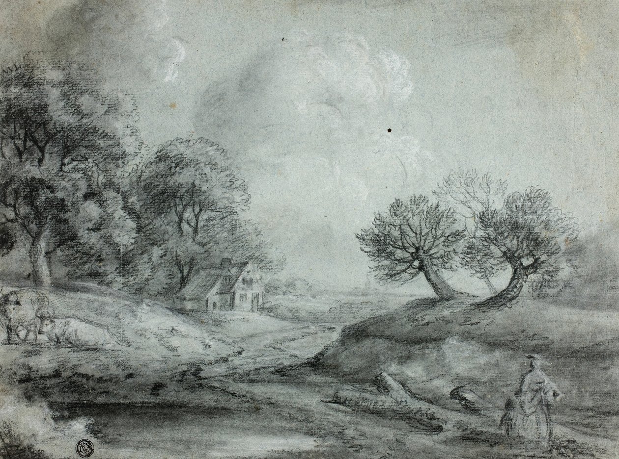 Landskap med kvinna och kor (recto); Skiss av ett landskap (verso) av Richard Wilson
