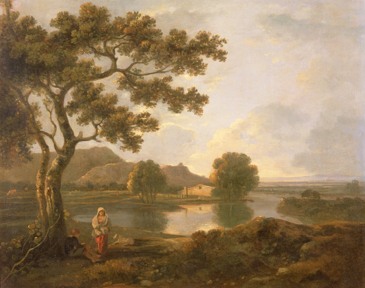 Flodscen med en bondgård (olja på duk) av Richard Wilson