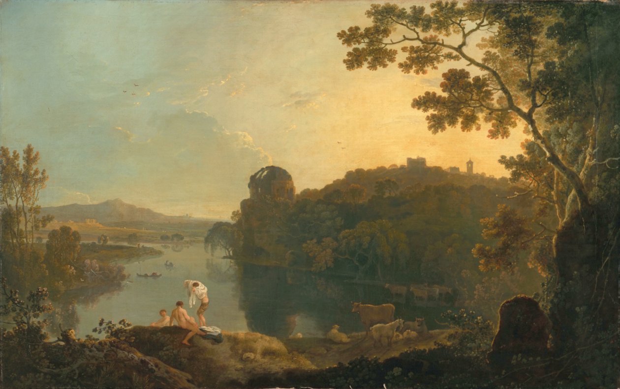 Flodscen: badare och boskap, ca 1763-65 (olja på duk) av Richard Wilson