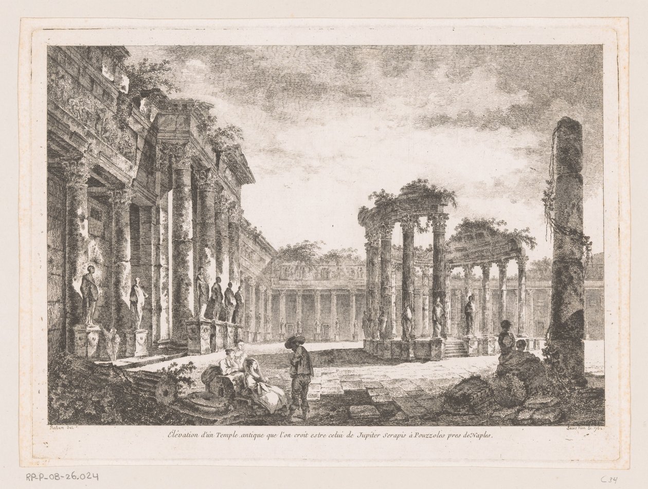 Gezicht på de Tempel av Jupiter Serapis Höjningen av ett gammalt tempel som tros vara Jupiter Serapis vid Pozzuoli nära Neapel (titel på objektet) av Richard de Saint Non
