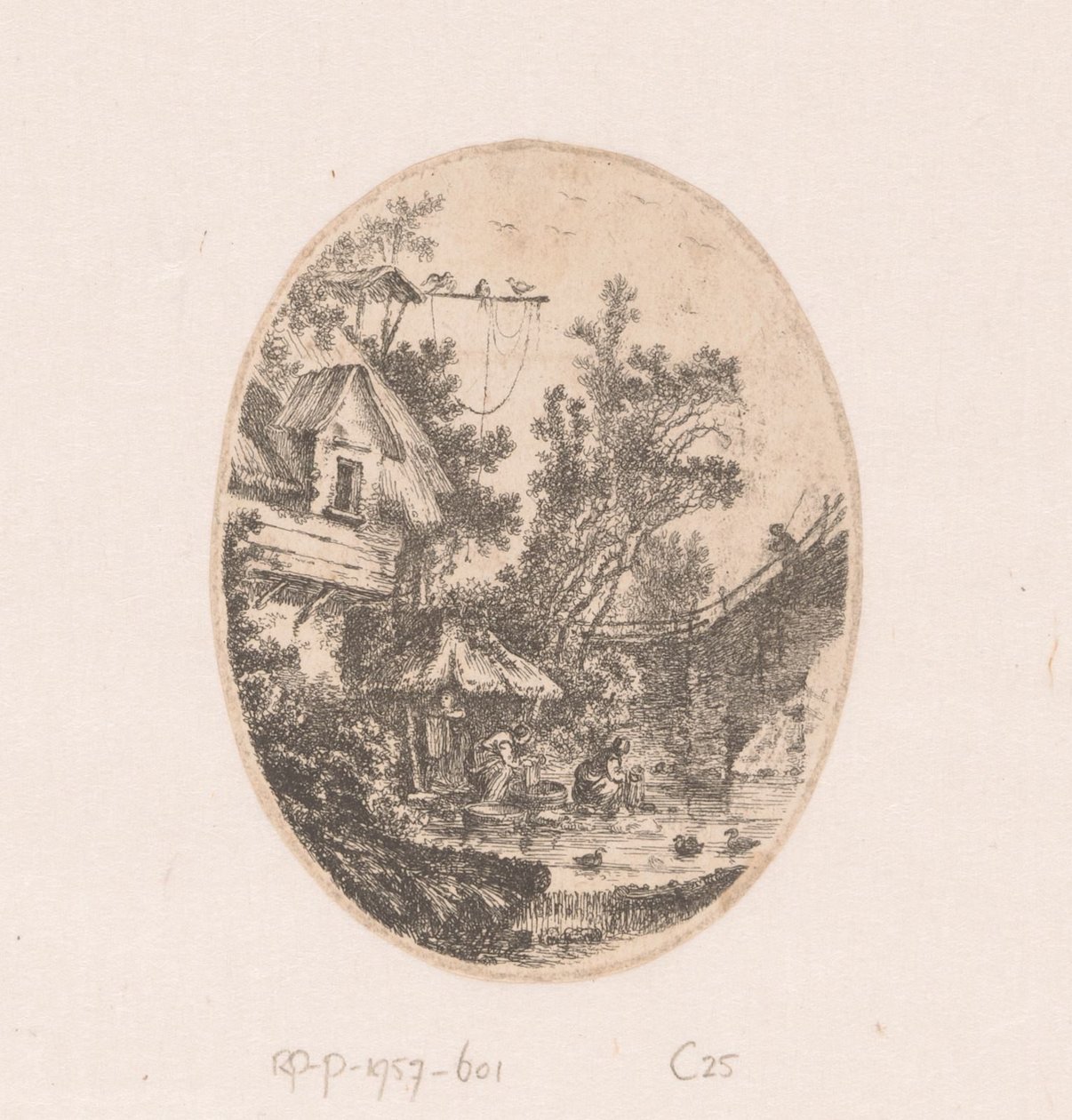 Utsikt över en flod där kvinnor tvättar Samling av vyer, landskap, antika fragment och historiska ämnen (serietitel) Recueil de griffonis, de vues, paysages, fragment antiques et sujets historiques (serietitel) av Richard de Saint Non