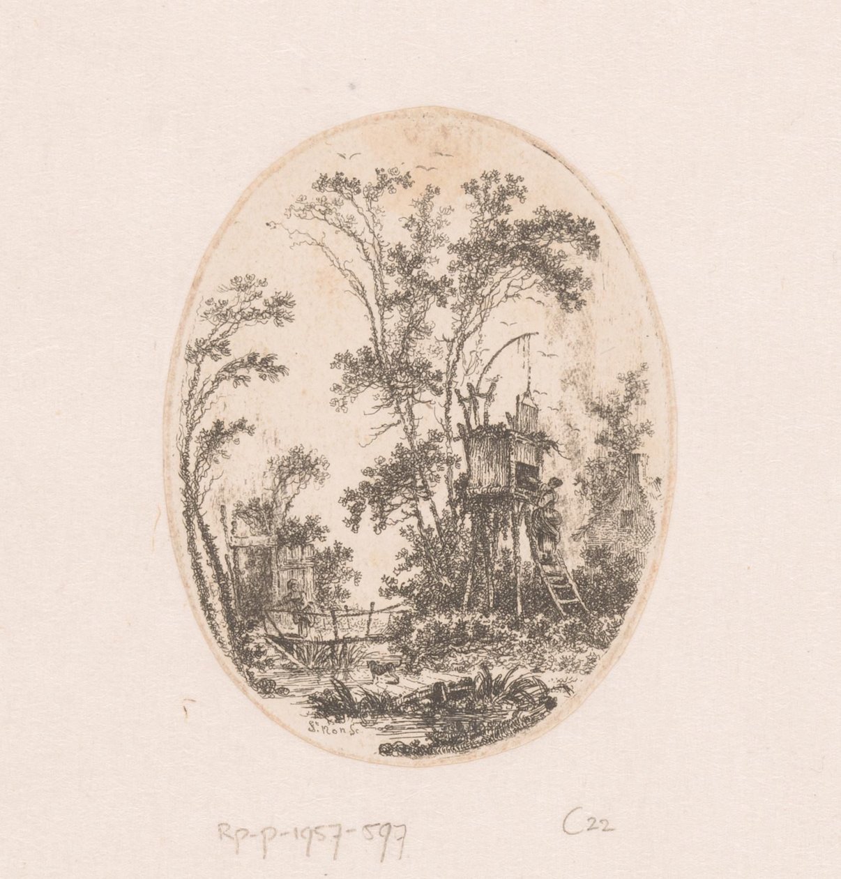 Landskap med en träkonstruktion på pålar, till vänster en kvinna på en bro Samling av vyer, landskap, antika fragment och historiska ämnen (serietitel) Recueil de griffonis, de vues, paysages, fragment antikviteter och sujets historiques ( av Richard de Saint Non