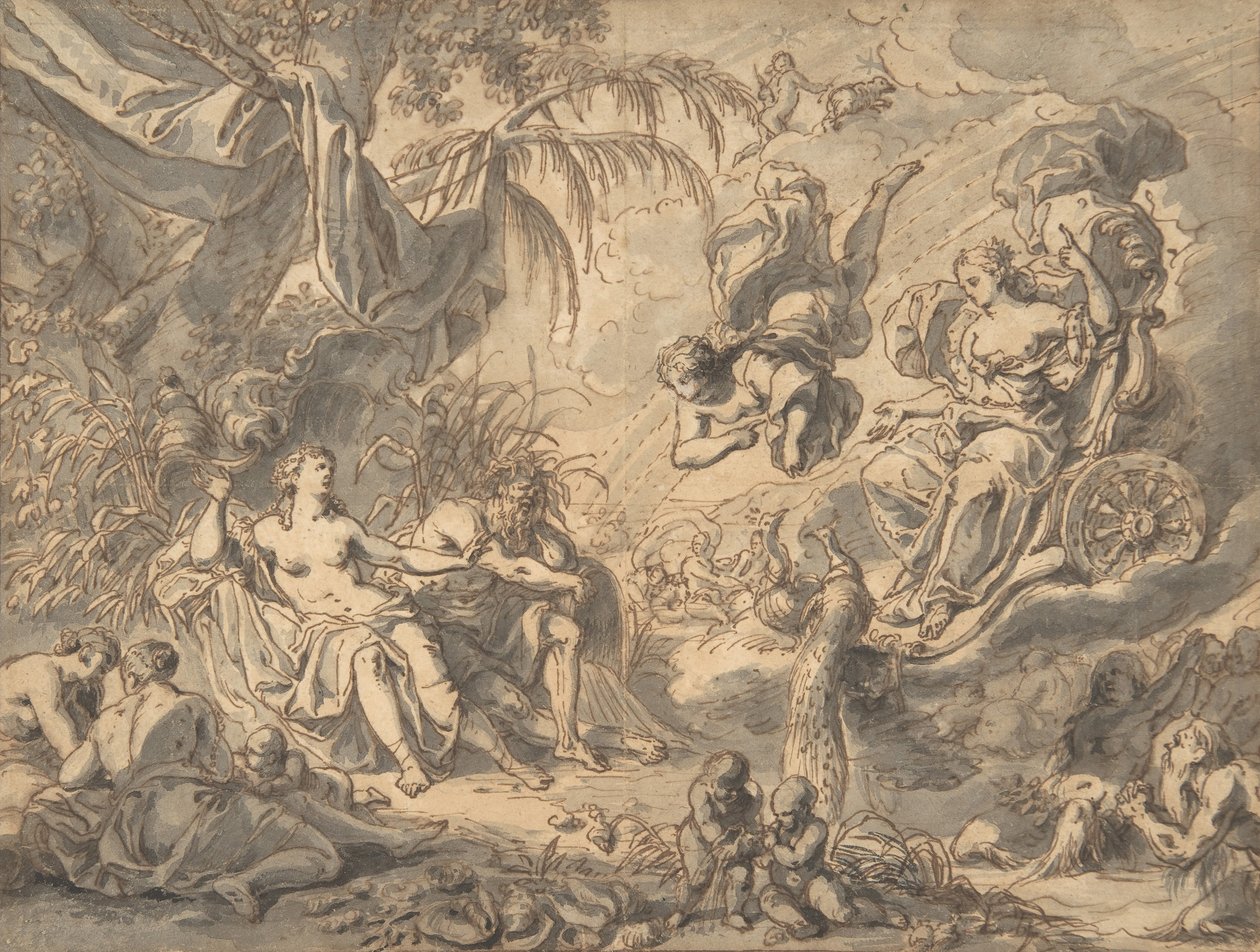 Juno på sin vagn på besök hos en ung kvinna och en flodgud, sent 1600- och mitten av 1700-talet. av Richard van Orley