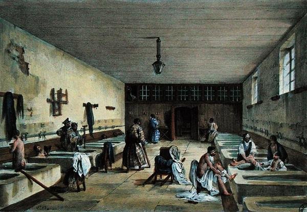 Officersbaden vid Militärsjukhuset i Bourbonne les Bains, mitten av 1800-talet (färgad gravyr) av Richoux (after)