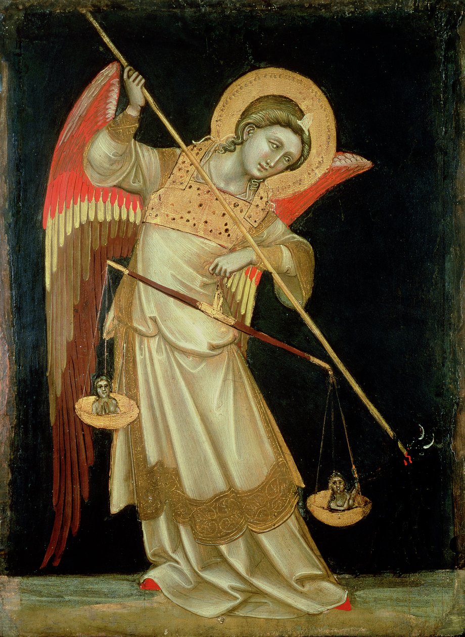 En ängel som väger en själ, ca 1348-55 (tempera på panel) av Ridolfo di Arpo Guariento