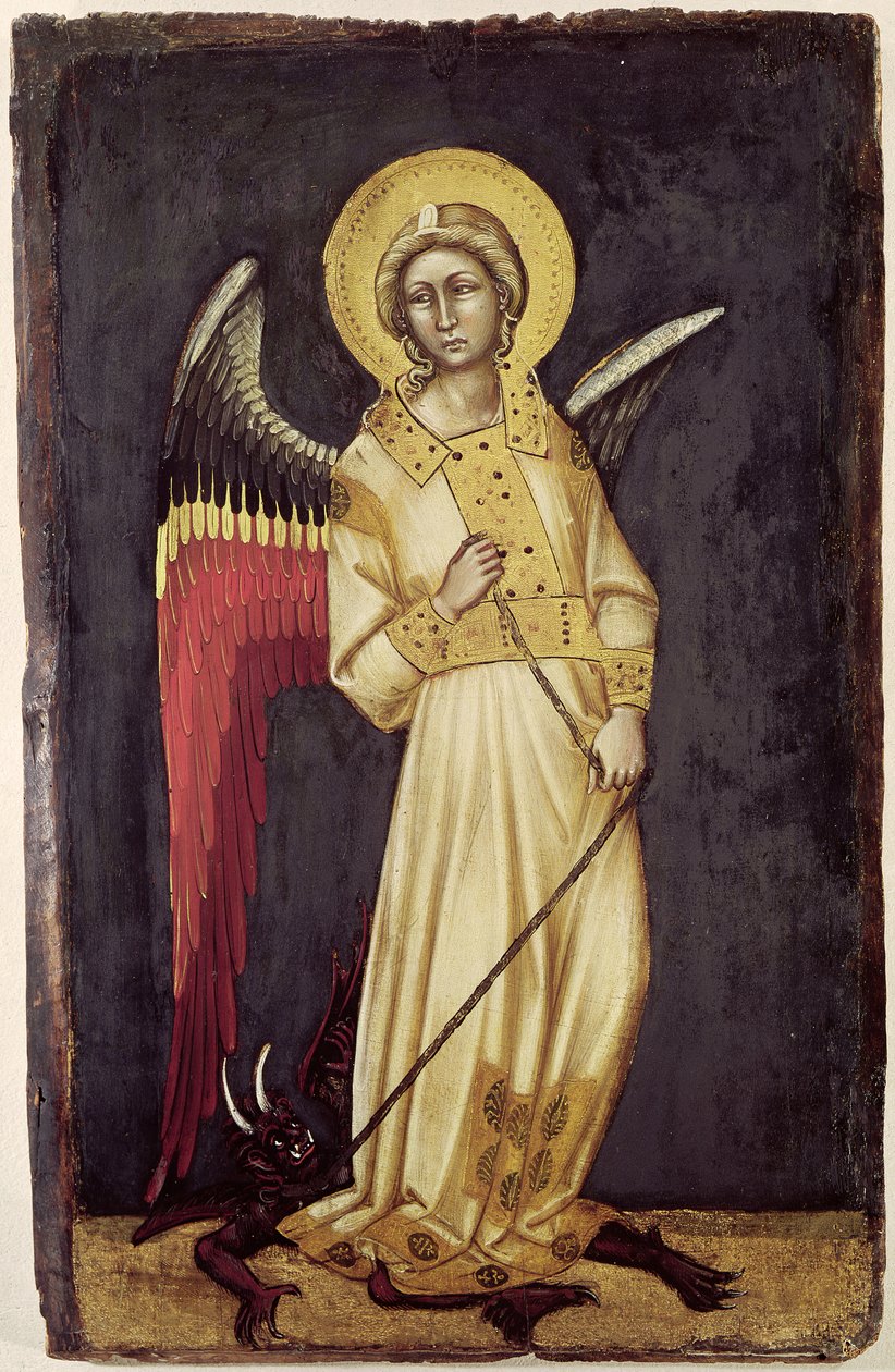 En ängel med en demon på en kedja (tempera på panelen) av Ridolfo di Arpo Guariento