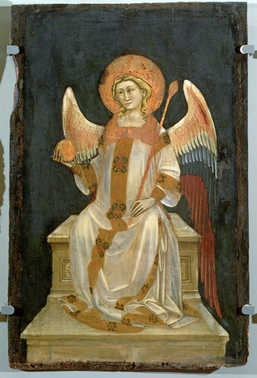 Ängel sitter på en tron, klotet i ena handen, spiran i den andra, ca 1348-54 av Ridolfo di Arpo Guariento