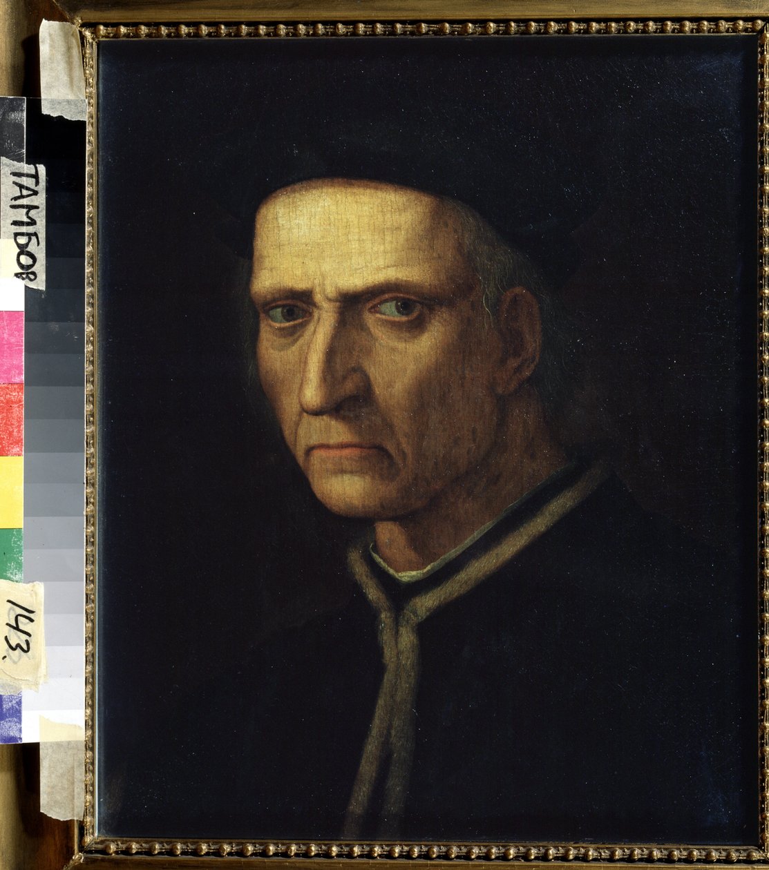 ""Porträtt av en man"". Man klädd i svart har ett elak utseende eller ett strängt (allvarligt) uttryck. Målning av Ridolfo Ghirlandaio (1483-1561) 1500-talets regionala konstgalleri, Tambov, Ryssland av Ridolfo Il  Ghirlandaio