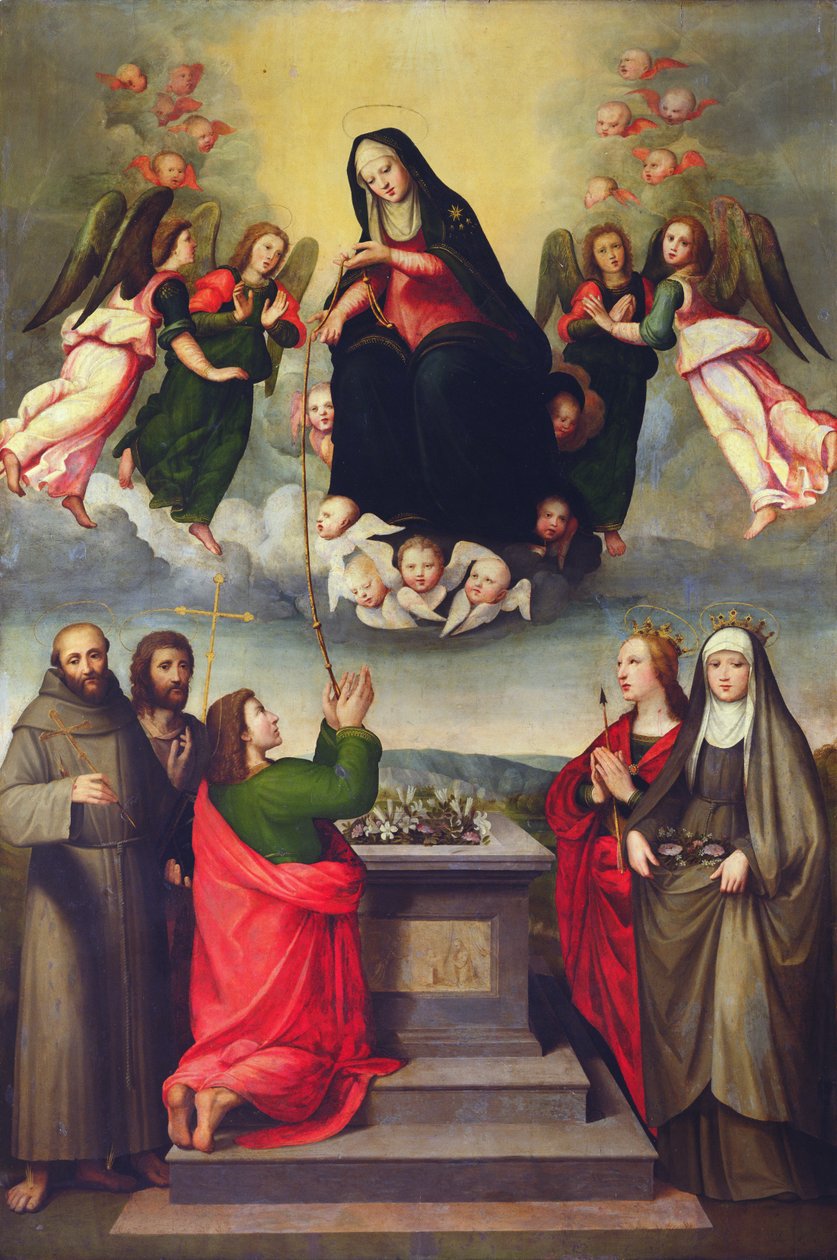 Jungfrun med den heliga bältet med SS. Thomas, Franciskus, Johannes Döparen, Ursula och Elisabet av Ungern av Ridolfo , Il Ghirlandaio