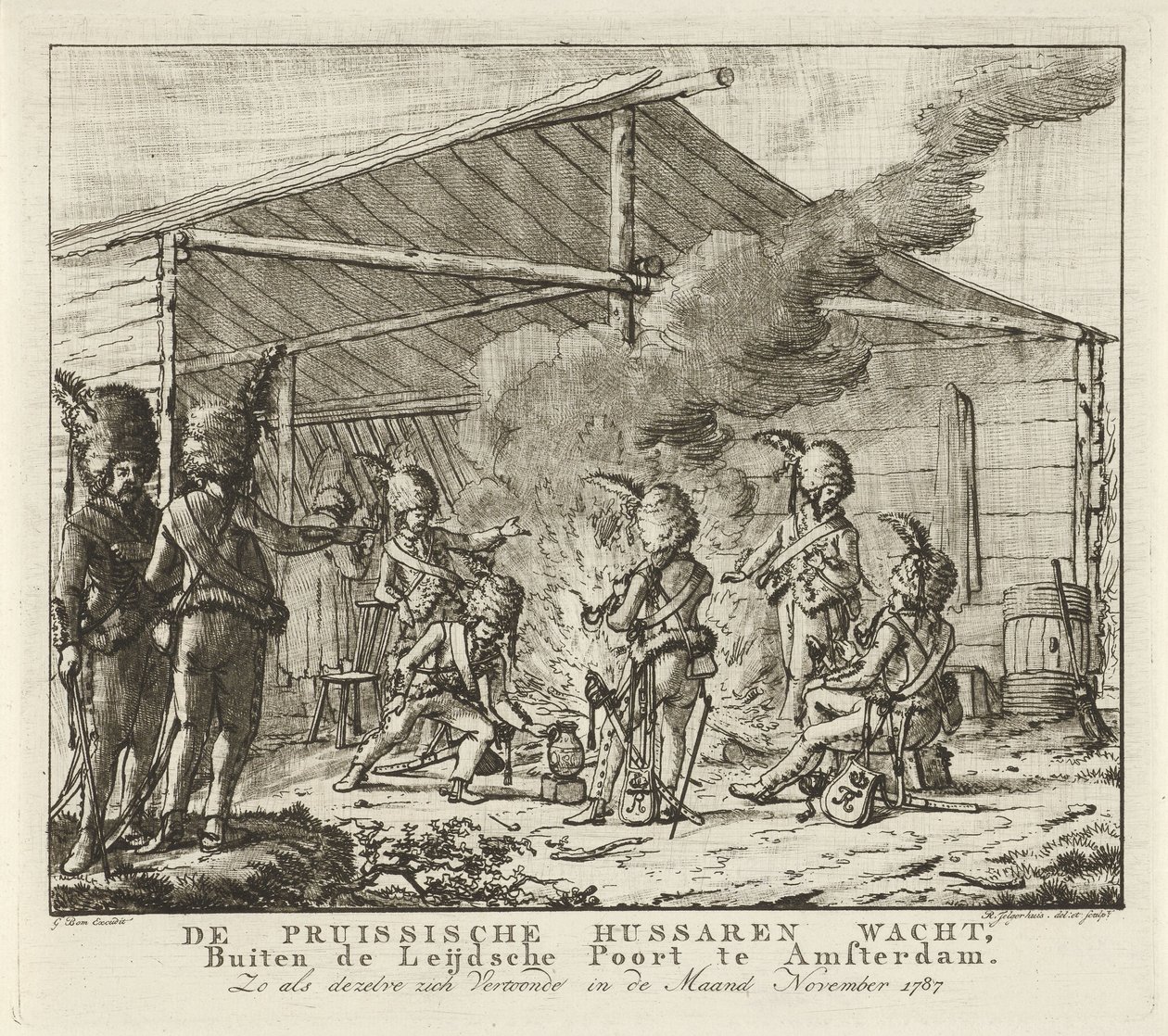 De preussiska husarerna väntar vid Leidse Poort i Amsterdam, 1787 De preussiska husarerna väntar, Utanför Leijdsche Poort i Amsterdam (...) (titel på objekt) av Rienk Jelgerhuis